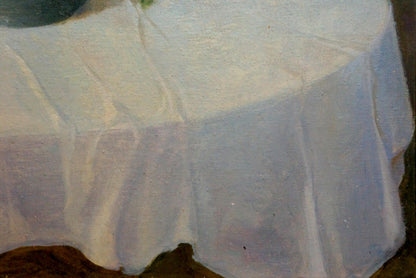 Oil painting Flowers Sliva A.I. with softly draped white tablecloth folds
