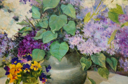 Oil painting Flowers Sliva A.I.: lilacs, pansies in gray vase