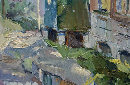 Impasto oil painting by Gorobets Pavel Matveevich of sunlit urban alleyway