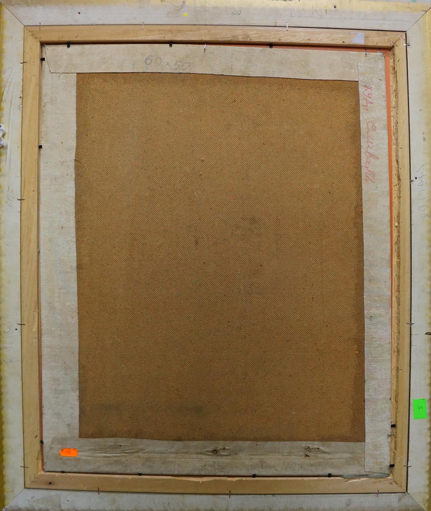 Back of Oil painting Flowers Sliva A.I. framed canvas with brown fabric backing