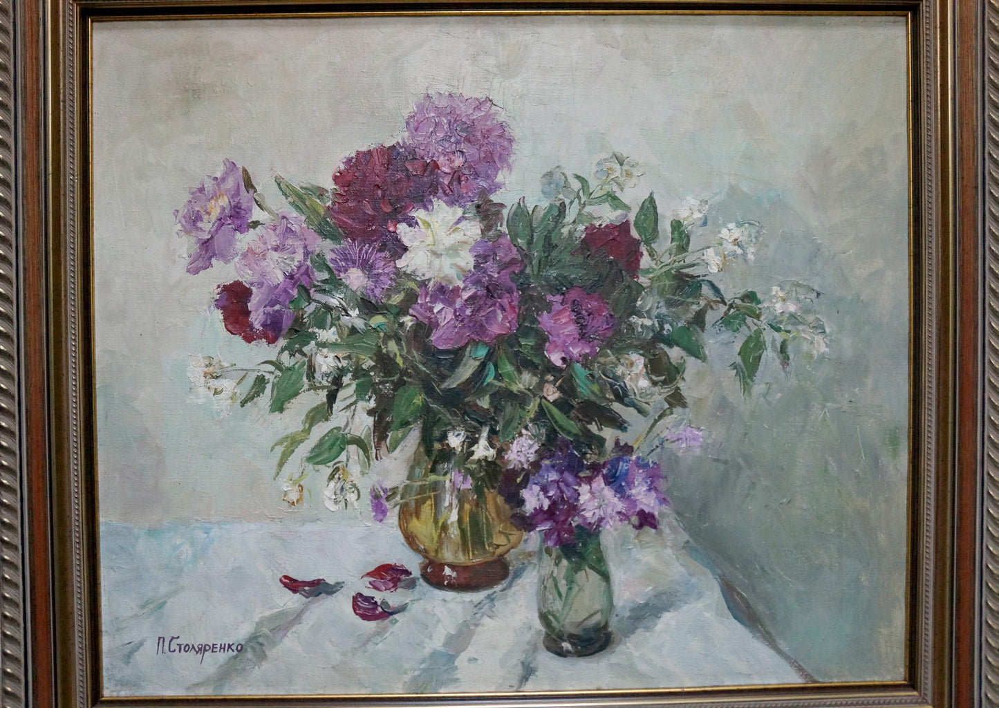 Oil painting of purple white red peonies by Stolyarenko Petr Kuzmich