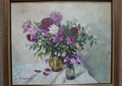 Oil painting of purple white red peonies by Stolyarenko Petr Kuzmich