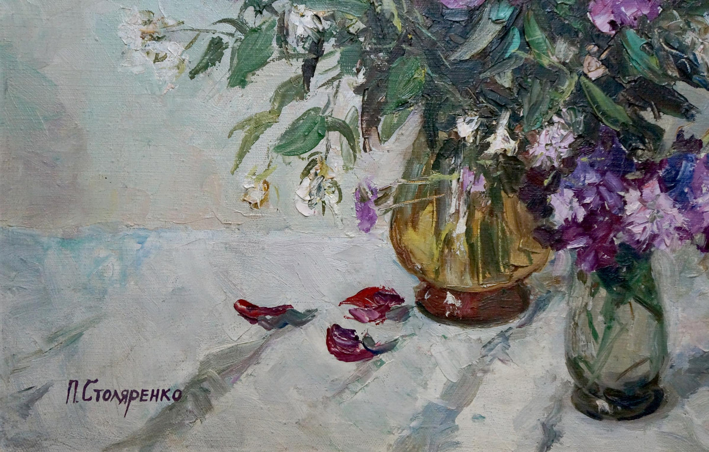 Oil painting by Stolyarenko Petr Kuzmich: golden vase with purple flowers