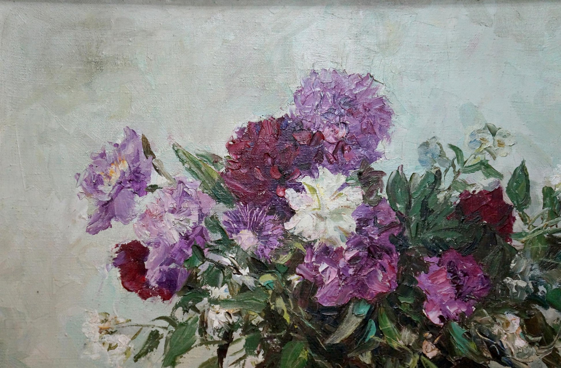 Vibrant purple pink white peonies oil painting by Stolyarenko Petr Kuzmich