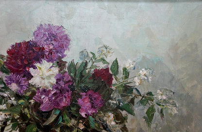 Vibrant impressionistic oil painting of purple red white peonies by Stolyarenko Petr Kuzmich