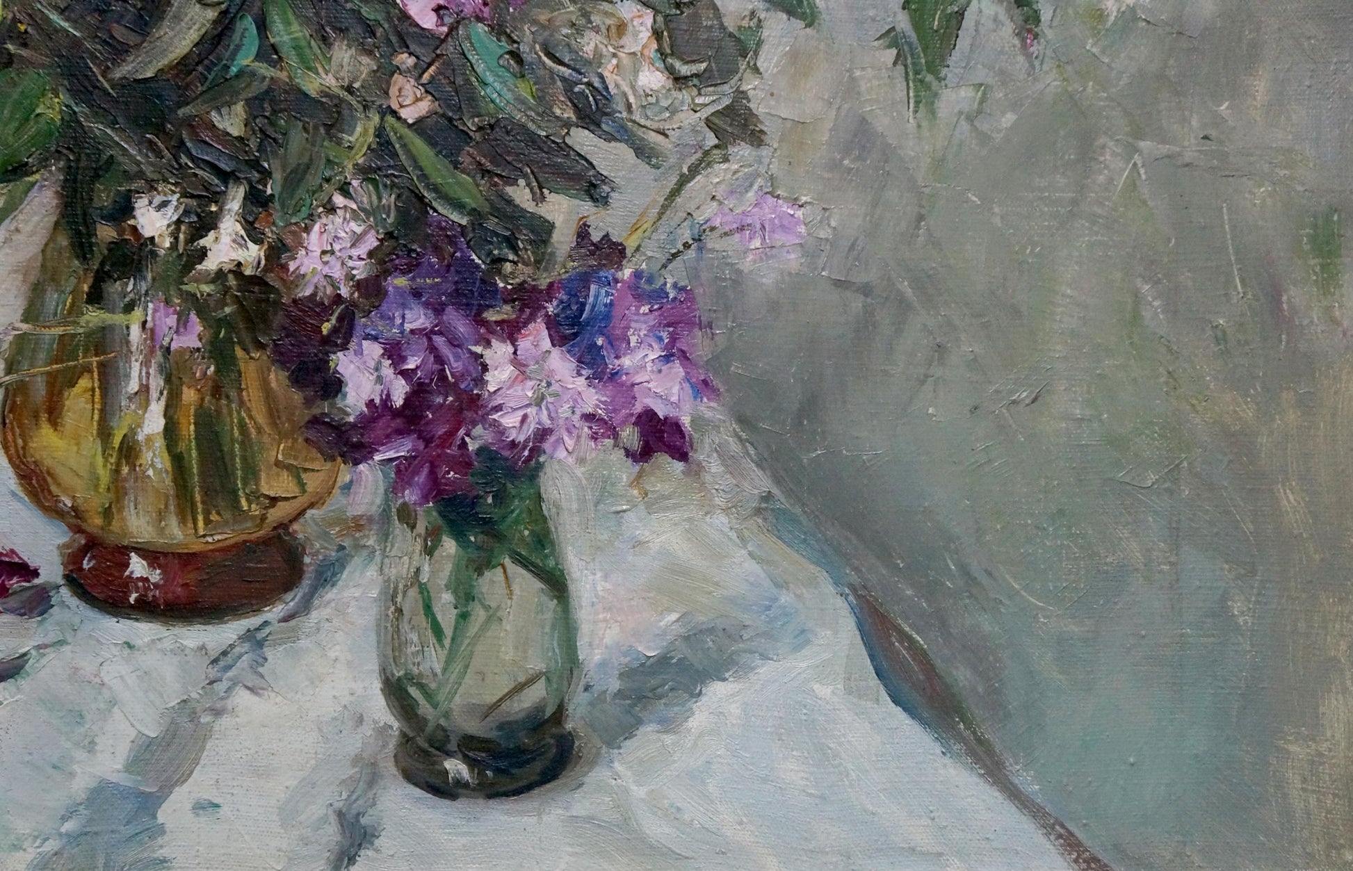 Oil painting of purple and white flowers in vase by Stolyarenko Petr Kuzmich