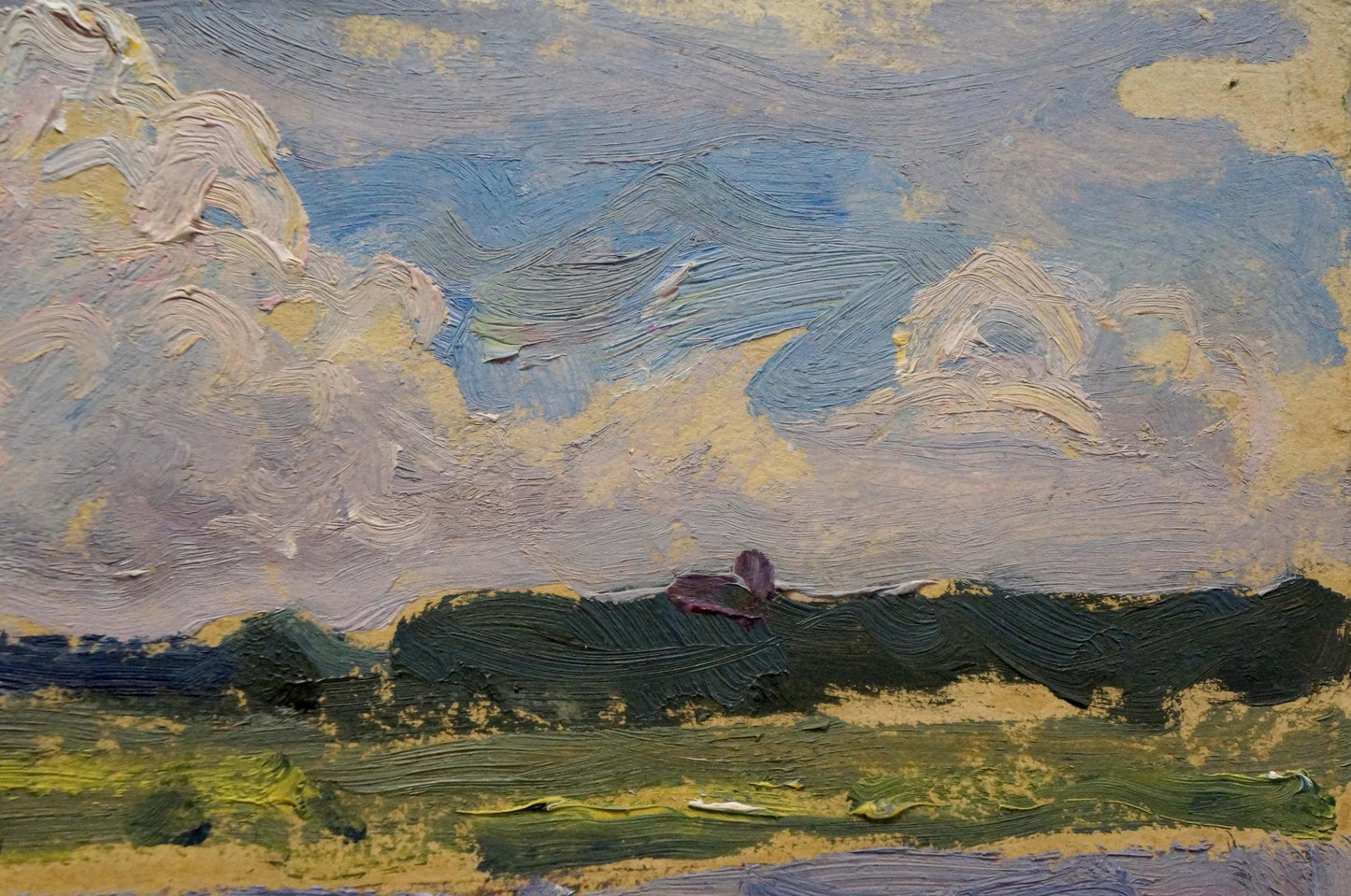 Oil painting Before the Rain by Trohimenko Karp Demyanovich: purple rabbit on green hill under cloudy sky