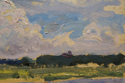 Oil painting Before the Rain by Trohimenko Karp Demyanovich: purple rabbit on green hill under cloudy sky