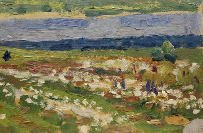 Textured impressionist oil painting Before the Rain by Trohimenko Karp Demyanovich, green field with flowers