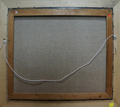 Back of Oil painting Flowers Stolyarenko Petr Kuzmich with wooden frame, gray fabric and white wire