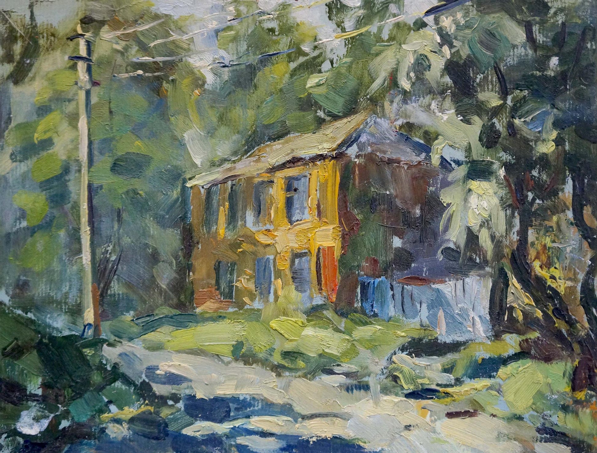Vibrant yellow house by Gorobets Pavel Matveevich, impressionistic oil painting
