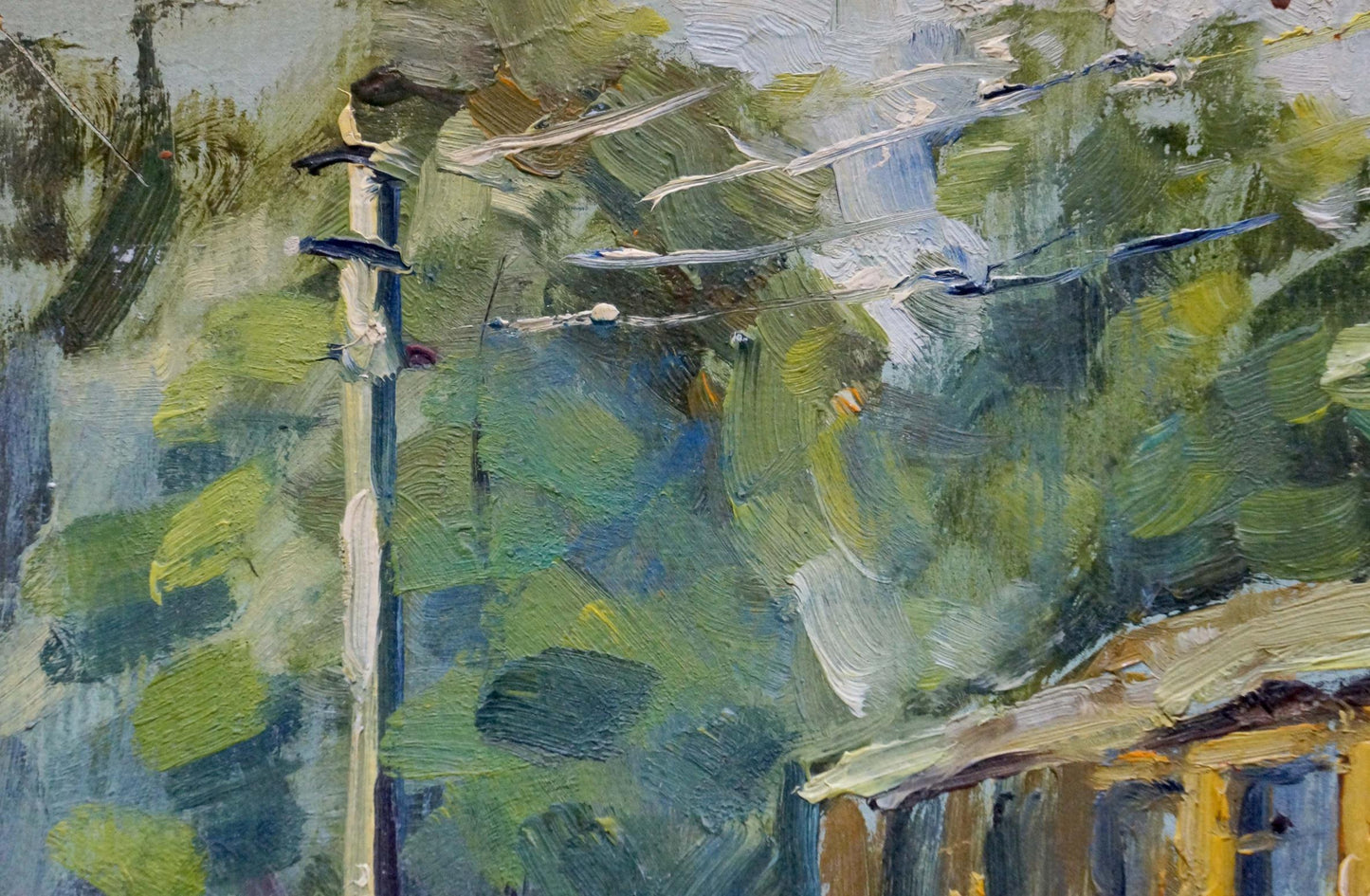Textured oil painting by Gorobets Pavel Matveevich of utility pole amid lush foliage