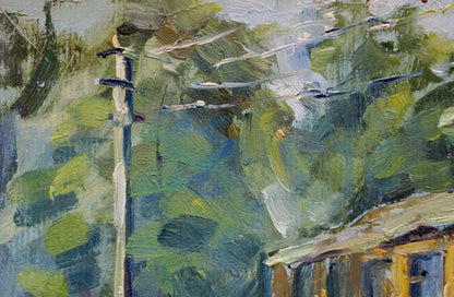 Textured oil painting by Gorobets Pavel Matveevich of utility pole amid lush foliage