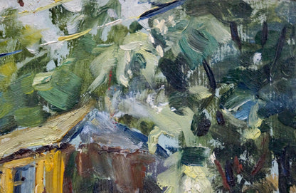 Vibrant impressionistic oil painting by Gorobets Pavel Matveevich of rustic yellow house under lush green trees