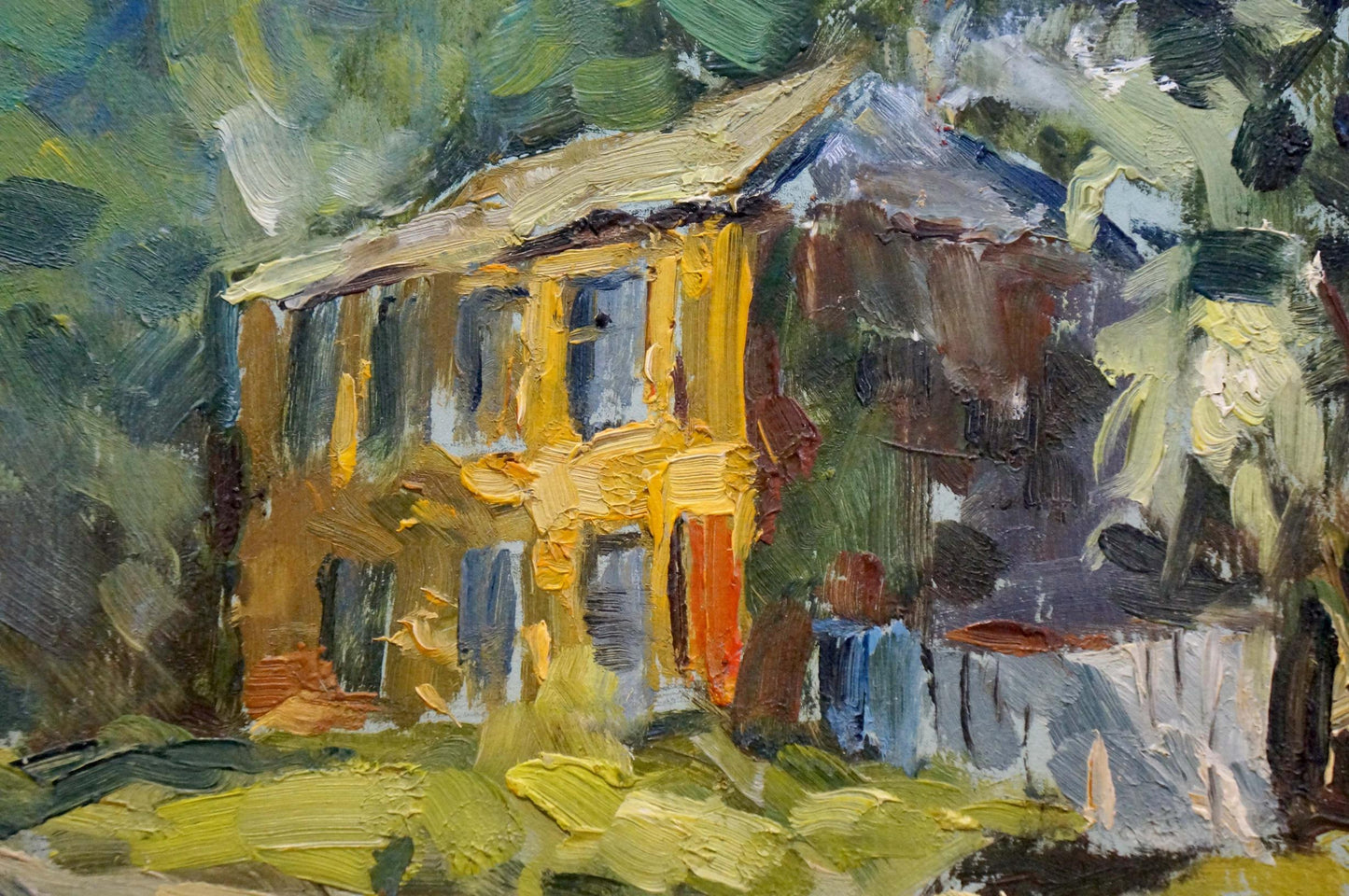 Vibrant impressionistic oil painting by Gorobets Pavel Matveevich of yellow orange two-story house in lush greenery