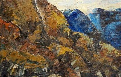 Textured oil painting of rugged Singalevich mountain landscape in earthy tones