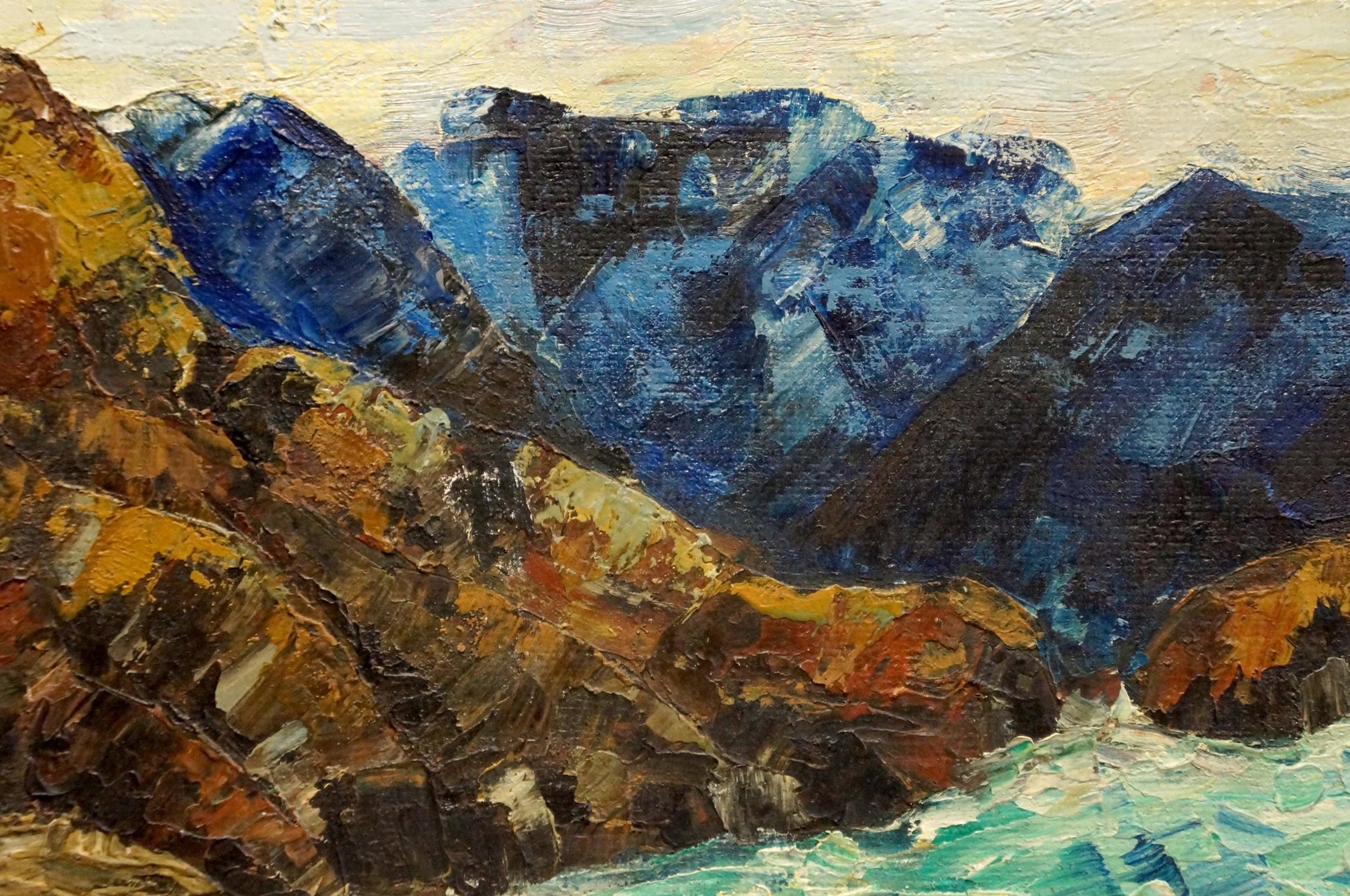 Impressionistic Singalevich oil painting of mountain landscape in blues and ochres