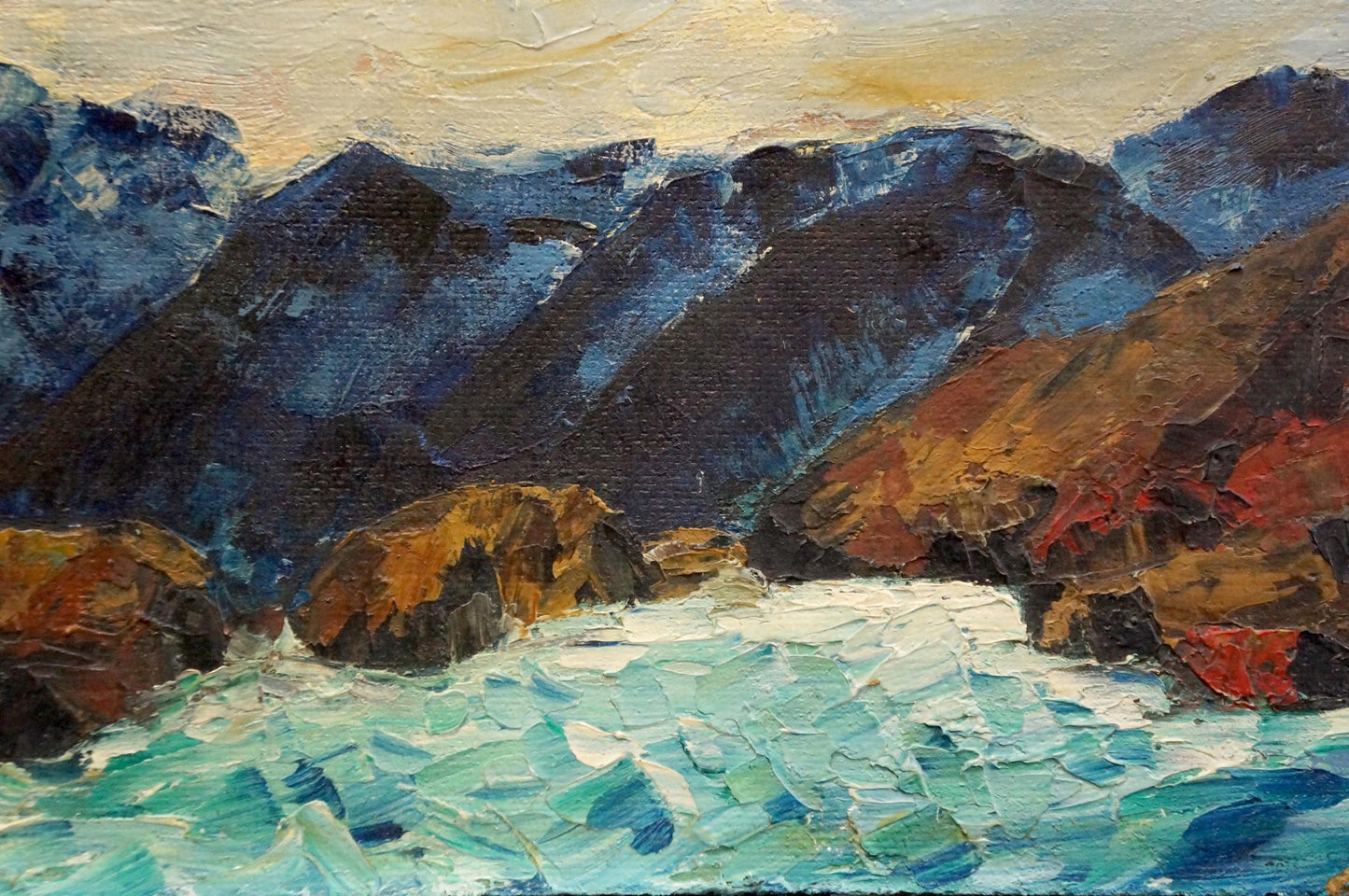 Oil painting Mountain landscape Singalevich: rugged mountains, turquoise waters