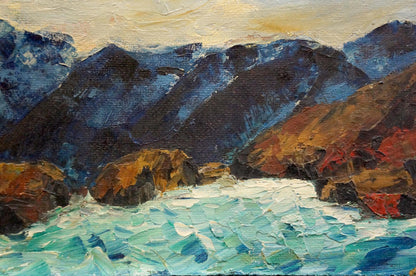 Oil painting Mountain landscape Singalevich: rugged mountains, turquoise waters