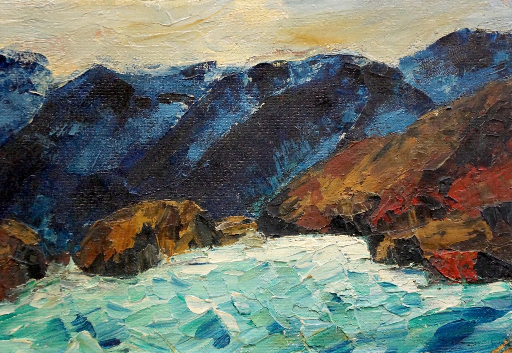 Textured Singalevich oil painting of rugged mountains and turquoise waves