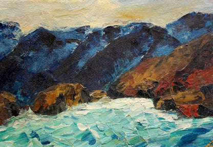 Textured Singalevich oil painting of rugged mountains and turquoise waves