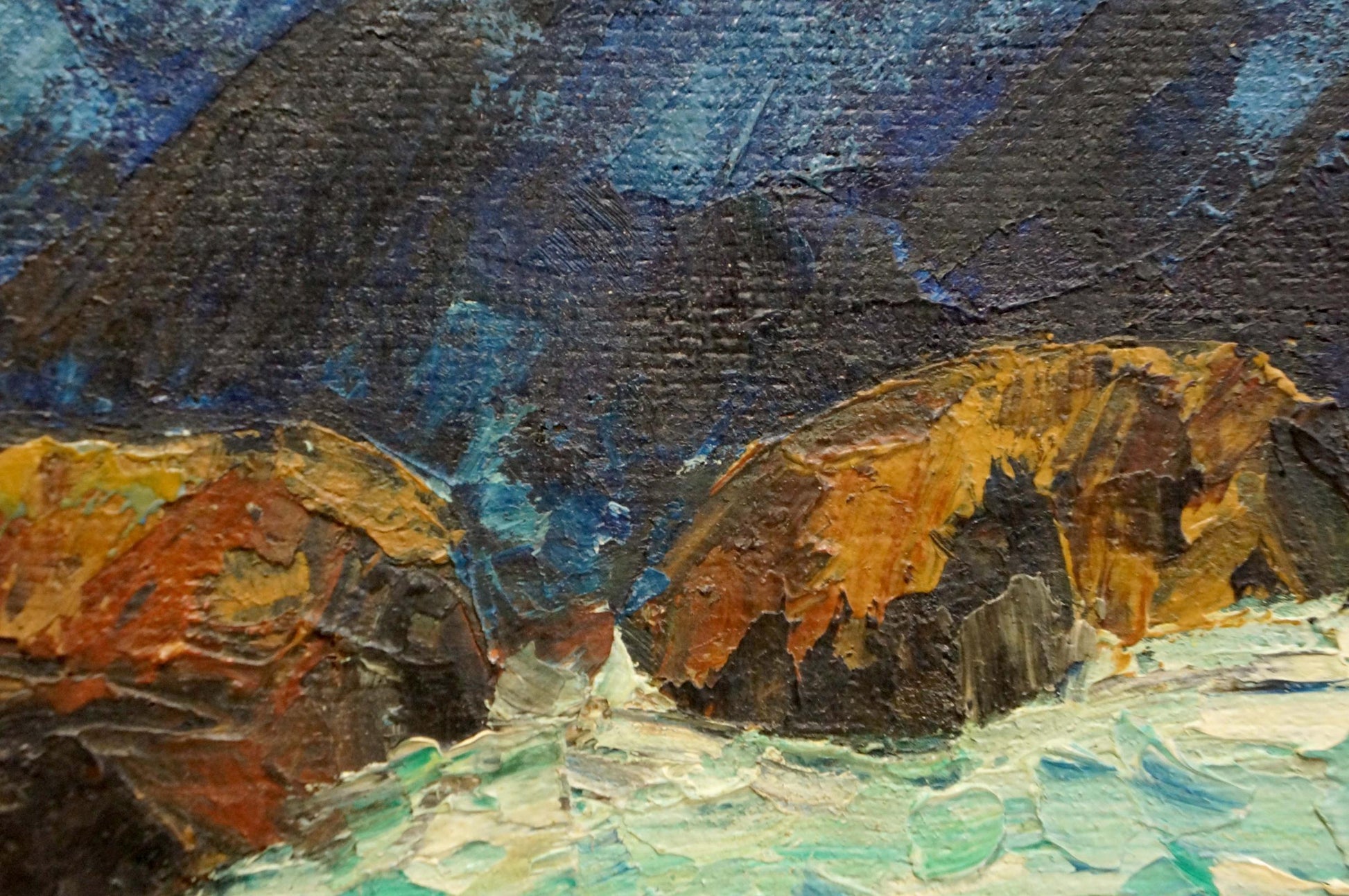 Oil painting Mountain landscape Singalevich: rugged rocks in ochre tones, blue sky