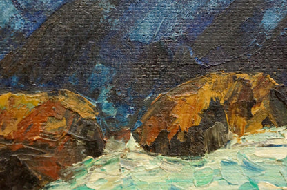 Oil painting Mountain landscape Singalevich: rugged rocks in ochre tones, blue sky