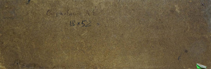 Back of Singalevich oil painting mountain landscape with brown textured surface and handwritten markings