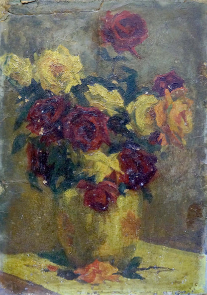 Oil painting of yellow and red roses bouquet by unknown artist