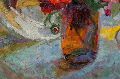 Oil painting of vibrant orange vase with red and purple roses by Khizhnyak Grigory Emelyanovich