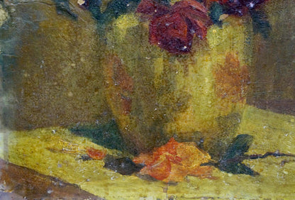 Oil painting of yellow and red roses bouquet in textured yellowish-green ceramic vase
