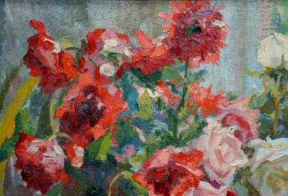 Vibrant red pink roses oil painting by Khizhnyak Grigory Emelyanovich