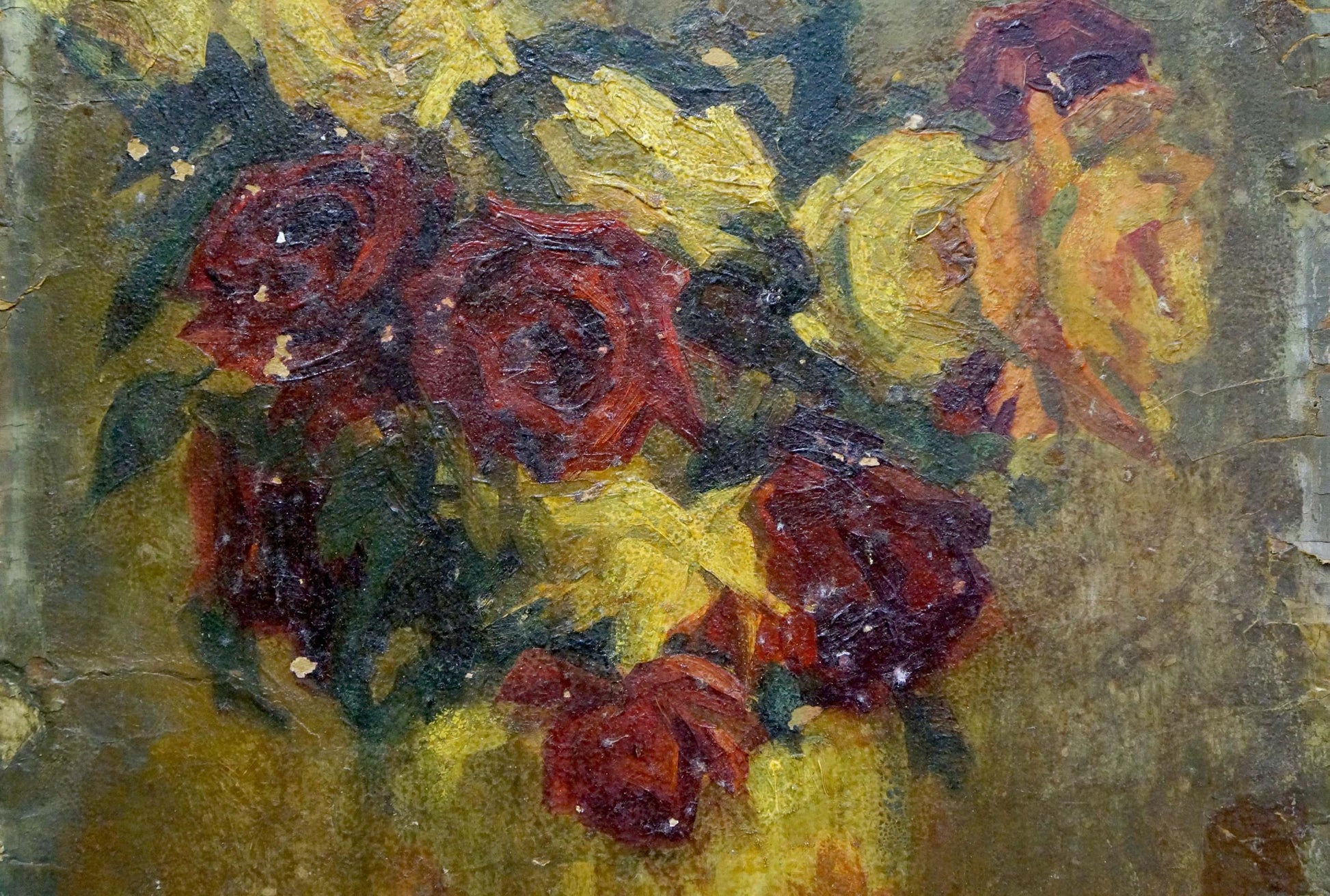 Textured impasto oil painting of vibrant red yellow roses bouquet by unknown artist