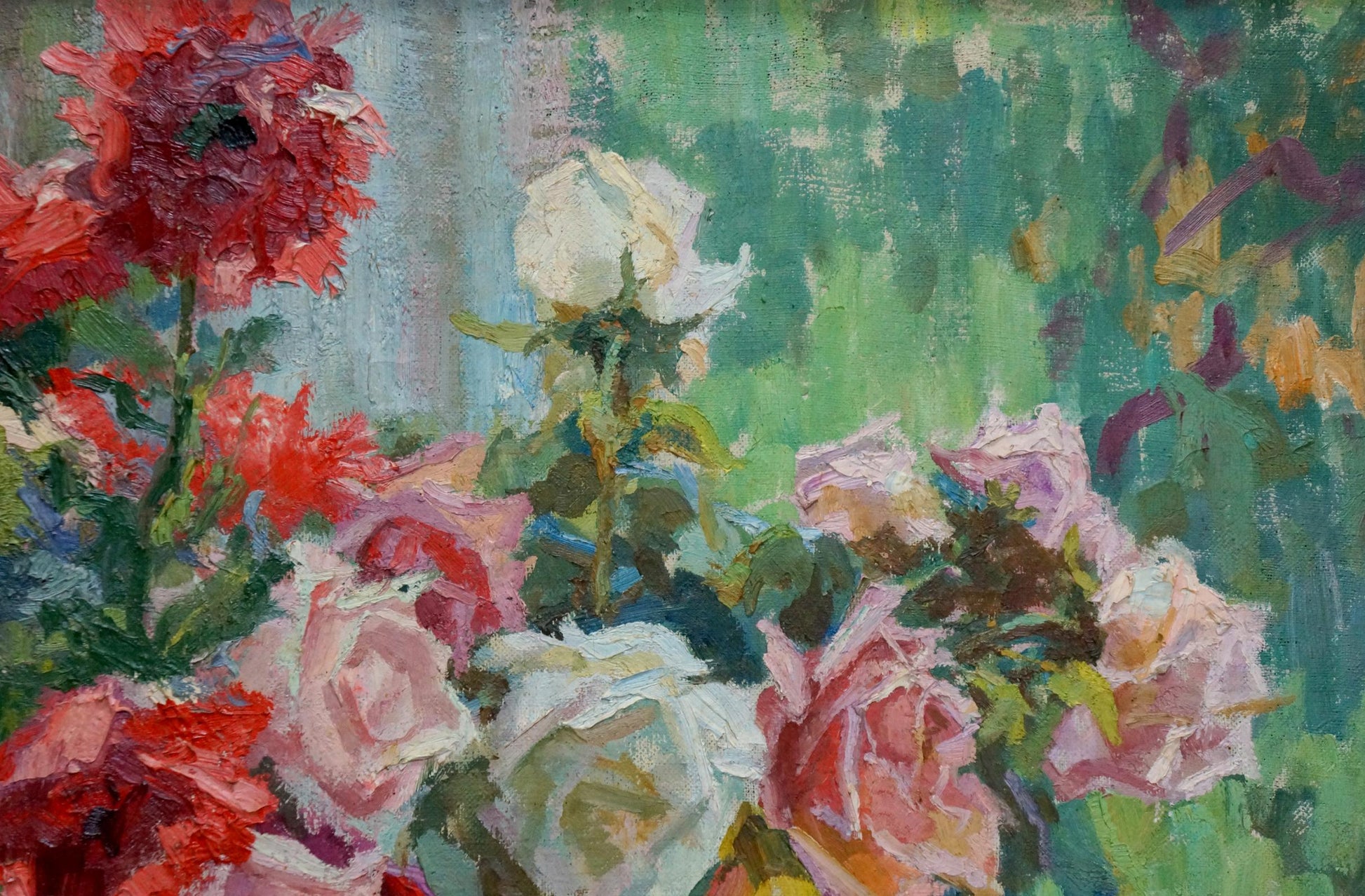 Oil painting of lush red pink white roses by Khizhnyak Grigory Emelyanovich