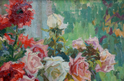 Oil painting of lush red pink white roses by Khizhnyak Grigory Emelyanovich