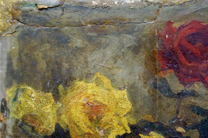 Oil painting of yellow and red rose bouquet by unknown artist