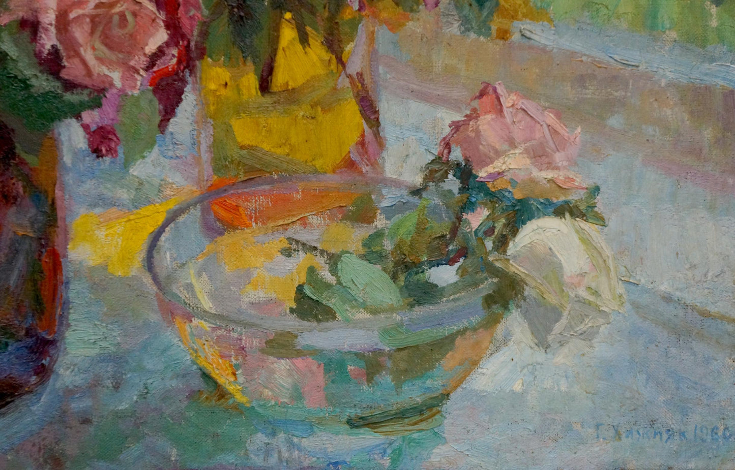 Impressionistic oil painting of wilted pink roses in glass bowl by Khizhnyak Grigory Emelyanovich