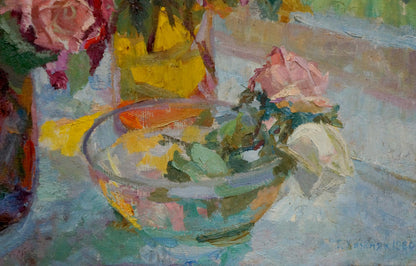Impressionistic oil painting of wilted pink roses in glass bowl by Khizhnyak Grigory Emelyanovich