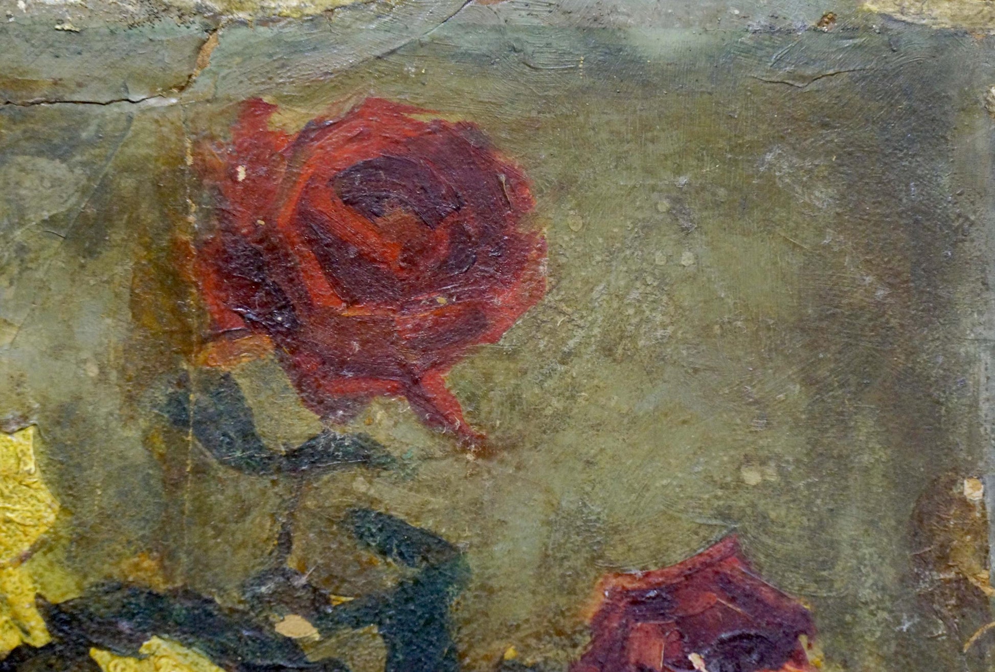 Oil painting of textured red rose bouquet in yellow and red by unknown artist