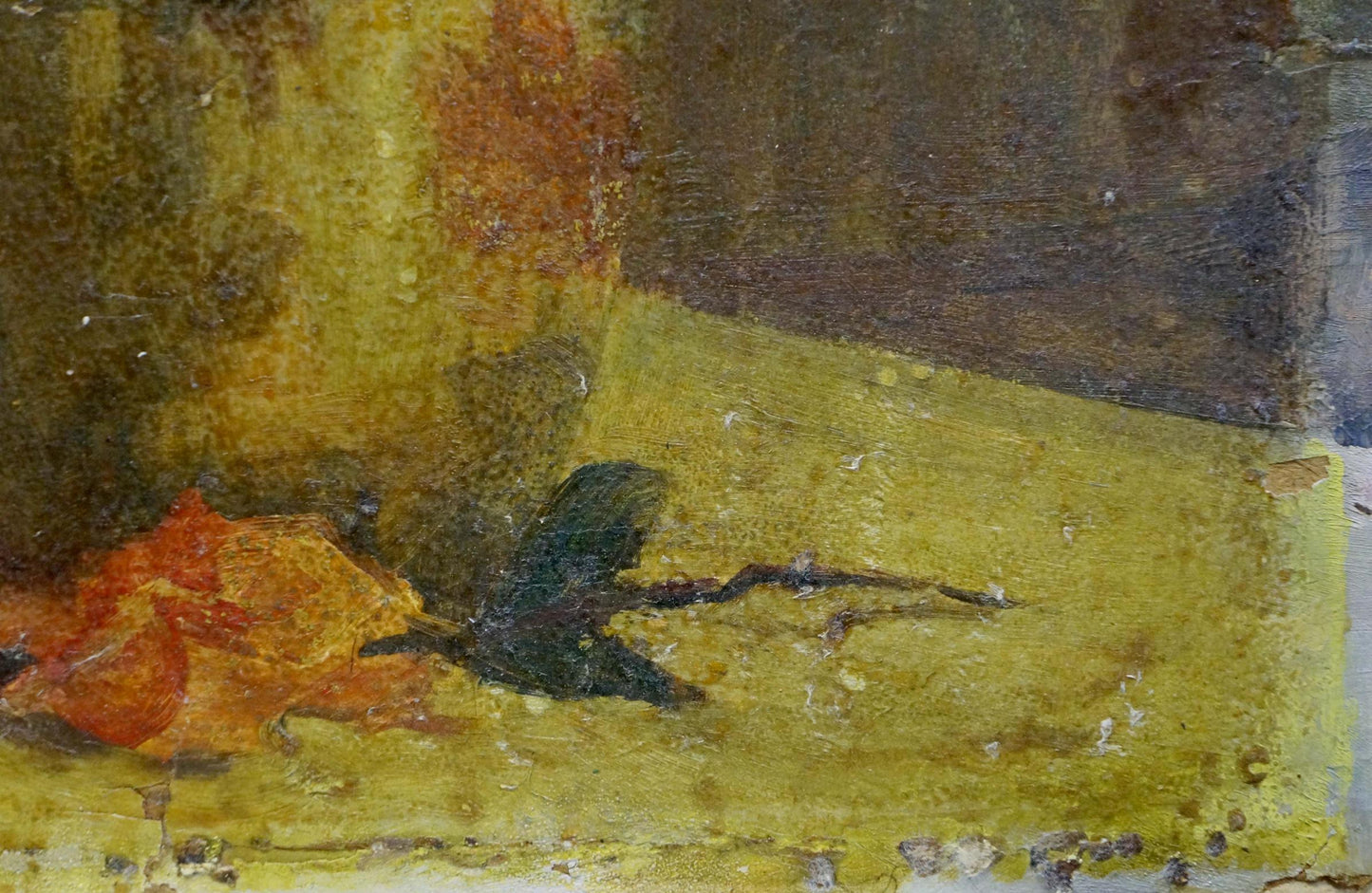 Impressionistic dark green textured bird on yellow surface with orange brown shapes oil painting