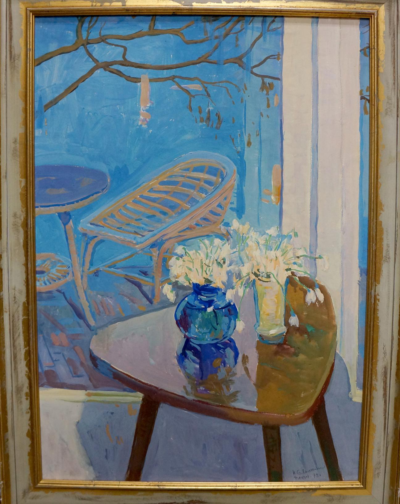 Oil painting The Yard by Sulimenko Petr Stepanovich with blue vase and white flowers