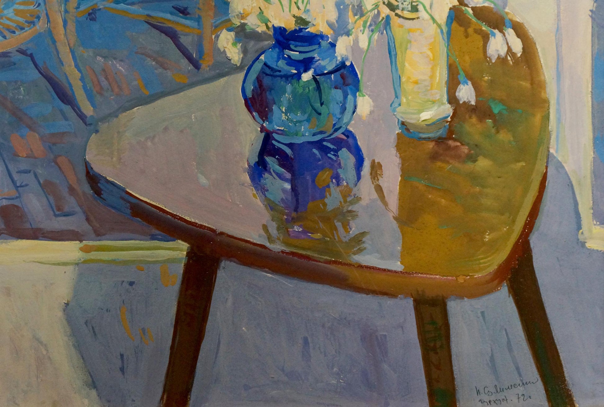 Oil painting The Yard by Sulimenko Petr Stepanovich with blue vase and white flowers