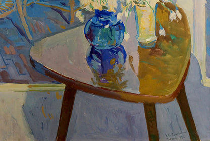 Oil painting The Yard by Sulimenko Petr Stepanovich with blue vase and white flowers