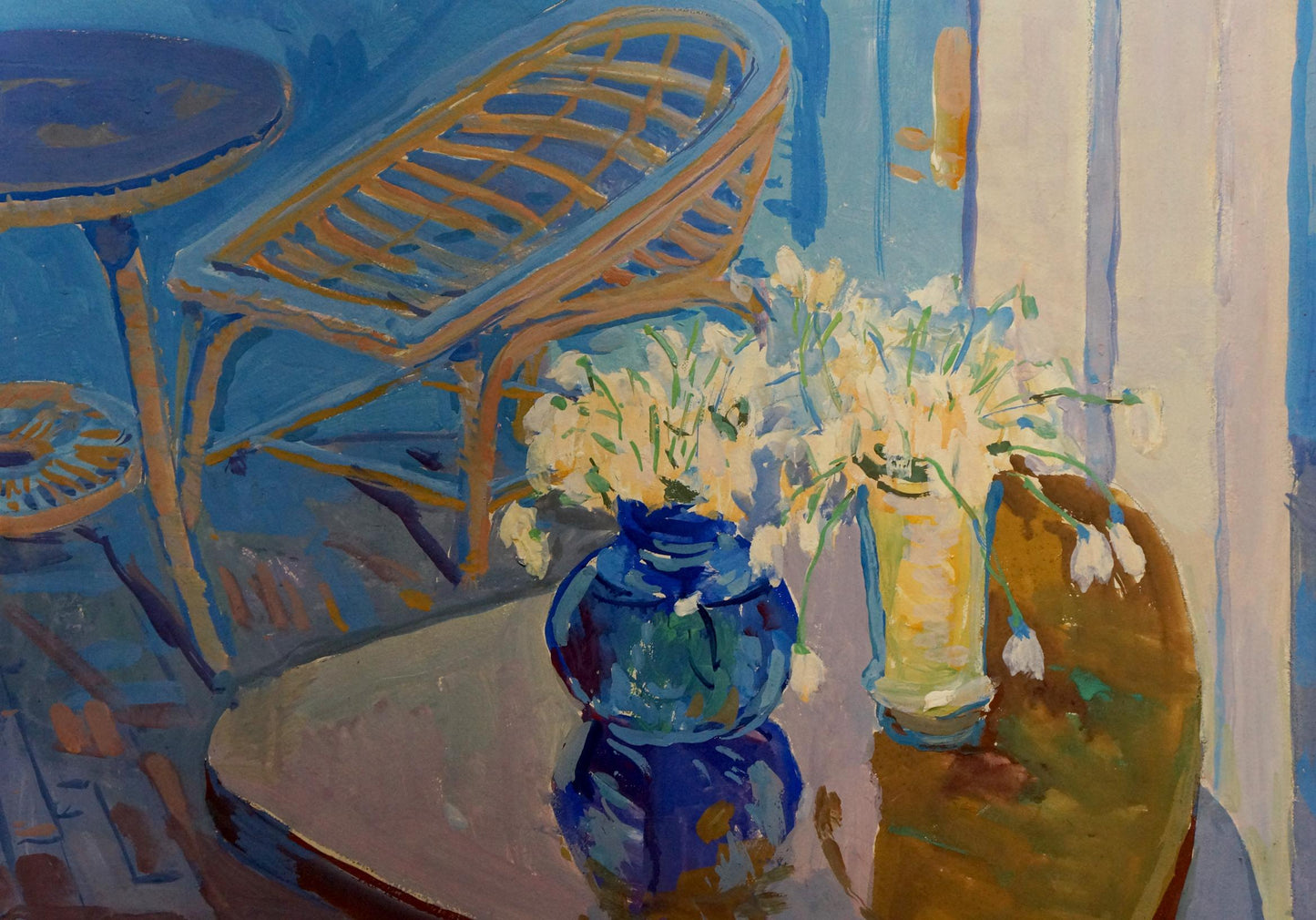 Oil painting The Yard by Sulimenko Petr Stepanovich with blue vase and white flowers
