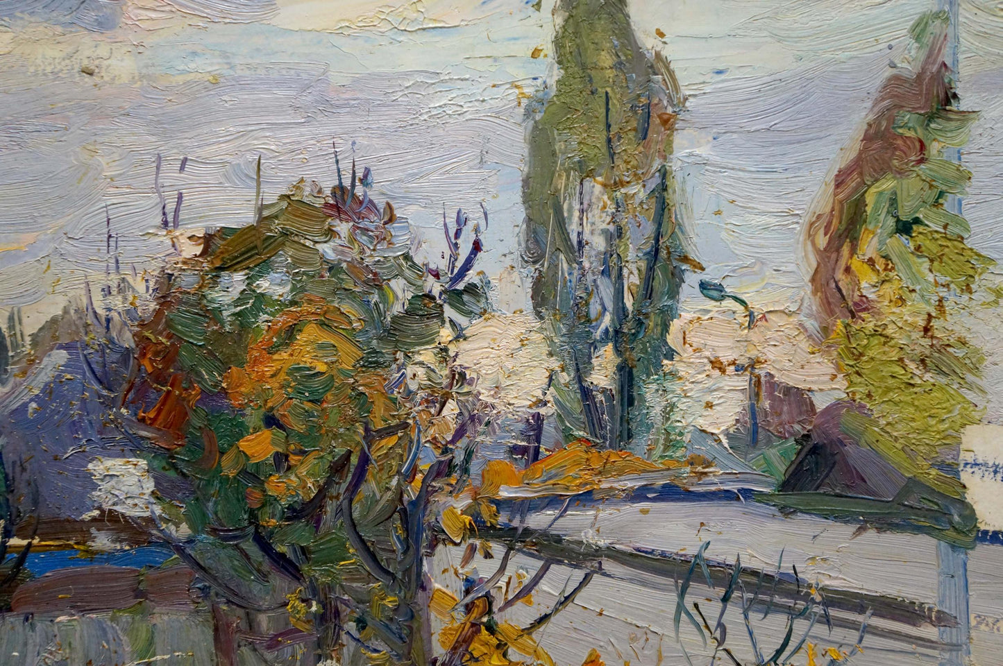Impressionistic oil painting of autumn cypress trees by Gantman Moisey Faibovich