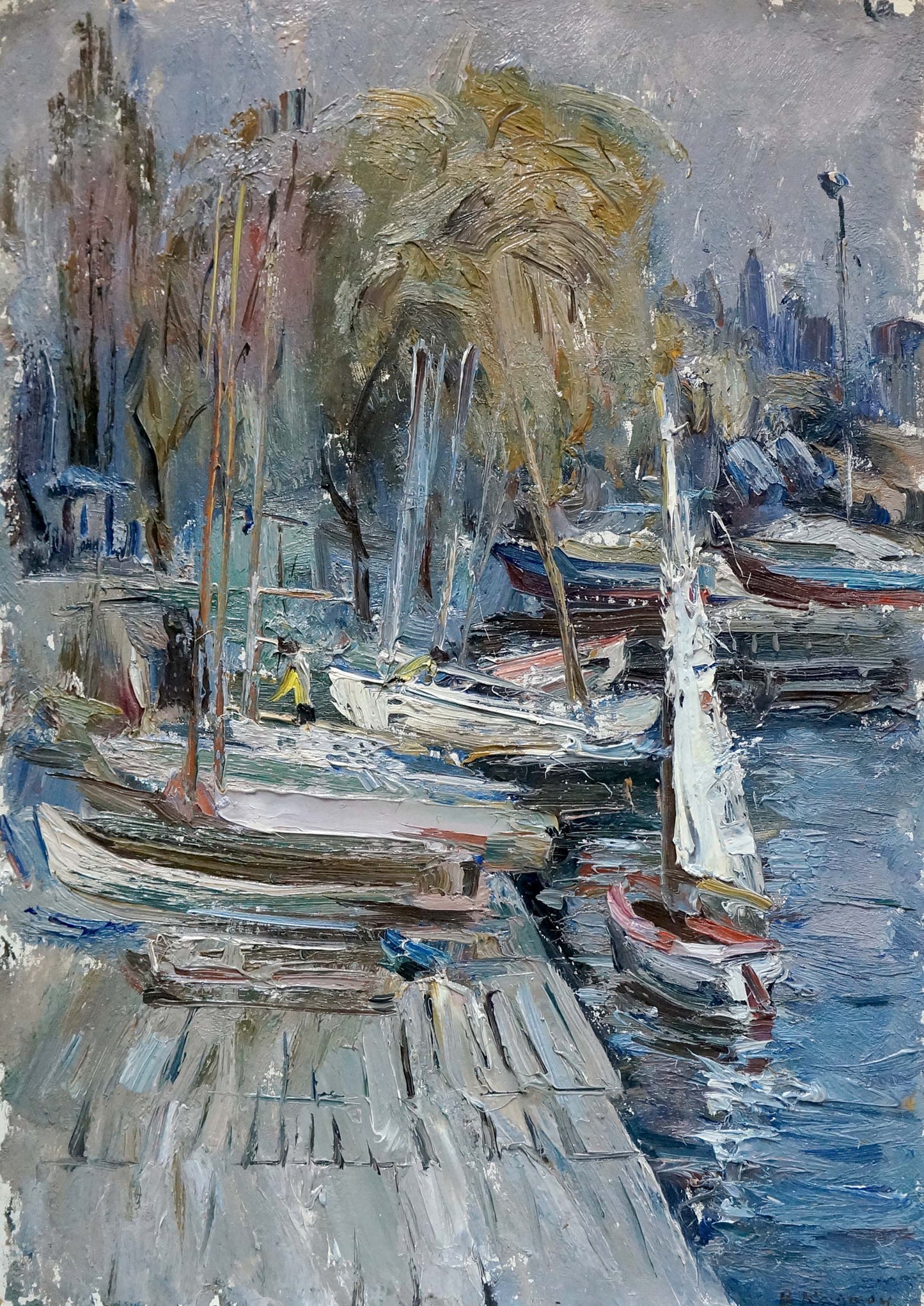 Oil painting of Yacht Club by Vadim Petrovich Karpov, harbor scene