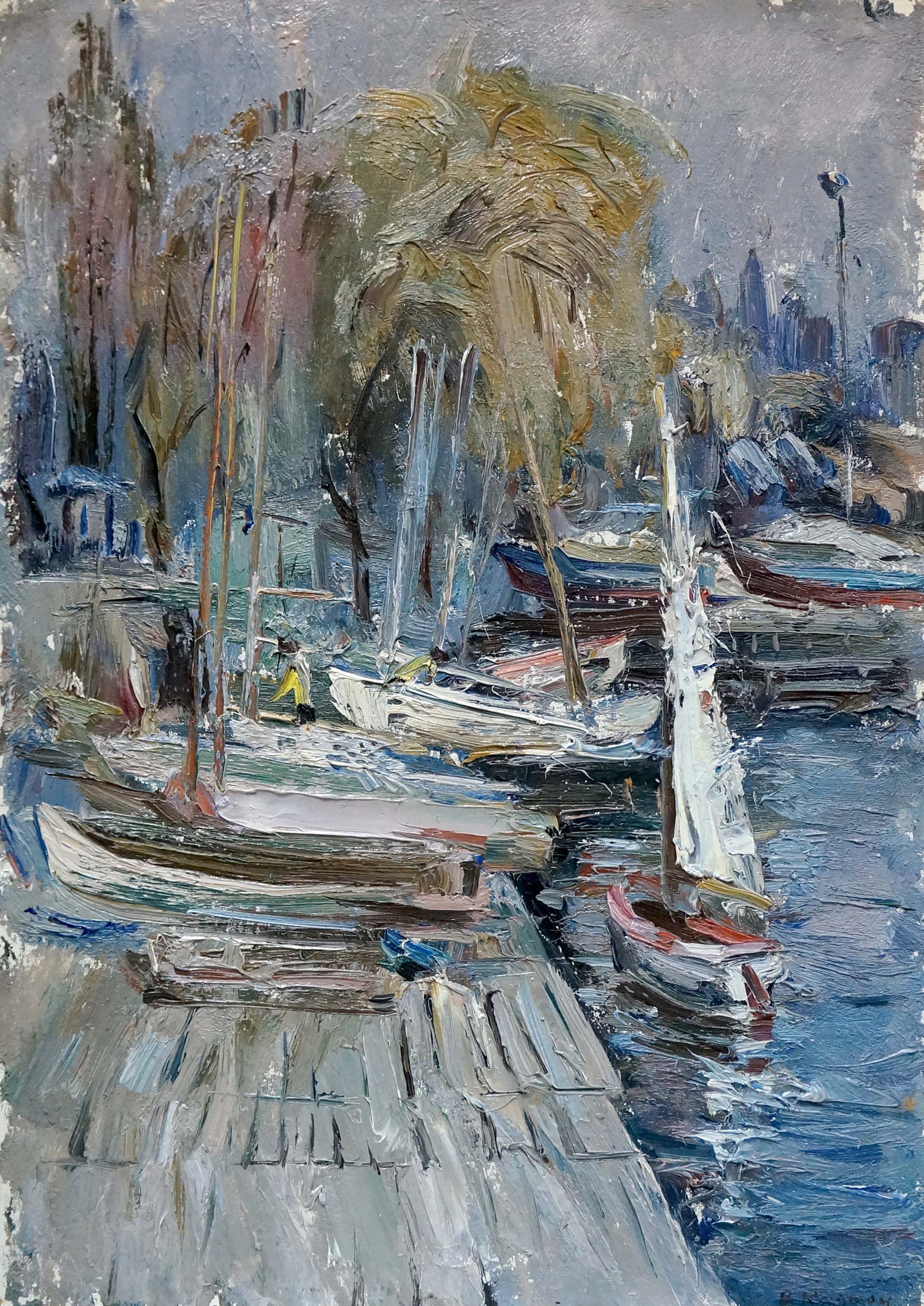 Oil painting of Yacht Club by Vadim Petrovich Karpov, harbor scene