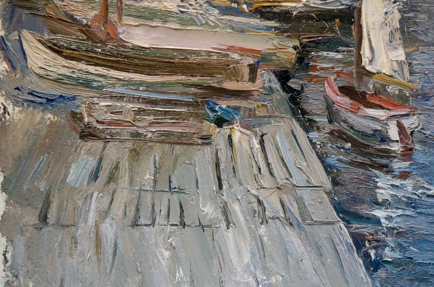 Oil painting Yacht Club by Vadim Petrovich Karpov, textured harbor boats