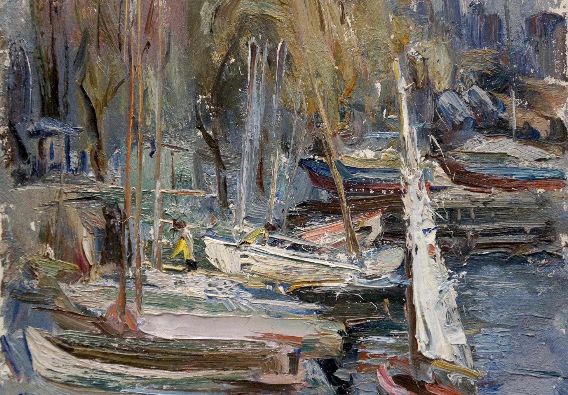 Impressionistic oil painting of moored boats in Yacht Club by Vadim Petrovich Karpov
