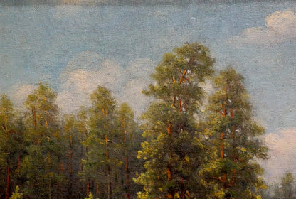 Oil painting Forest edge Tolkachevsky I with tall trees and blue sky